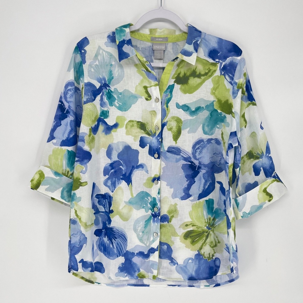 Chicos No Iron 100% Linen Floral Watercolor Button Down Shirt Size 1 US 8 - Picture 2 of 8
